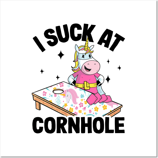 I Suck At Cornhole Loser Funny Sarcastic Joke Pink Unicorn Wall Art by Kuehni